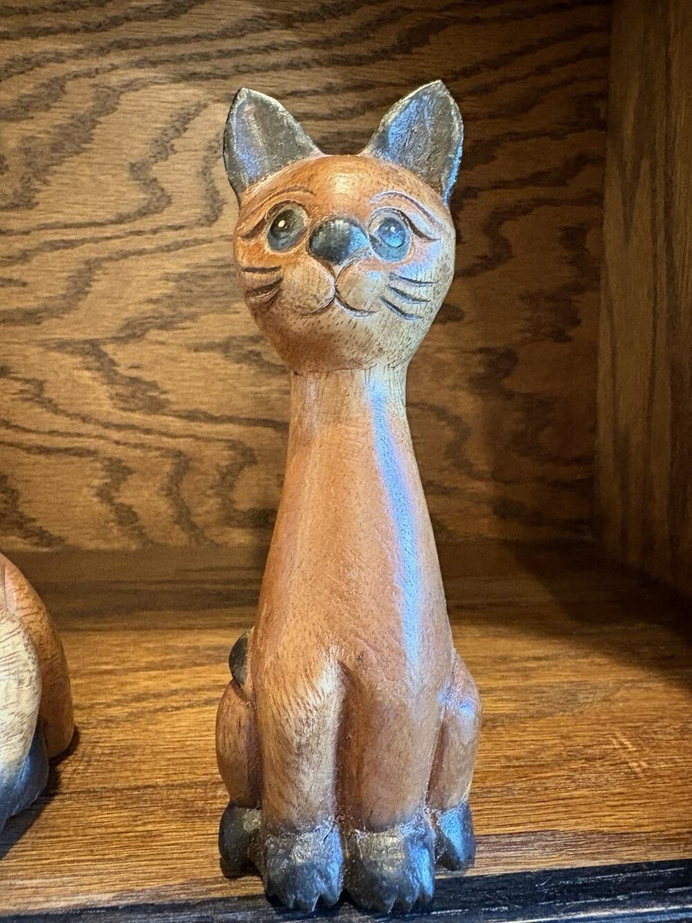 Vintage 6" Hand Carved Wooden Siamese Cat Figurine | Mid Century Boho Folk Art